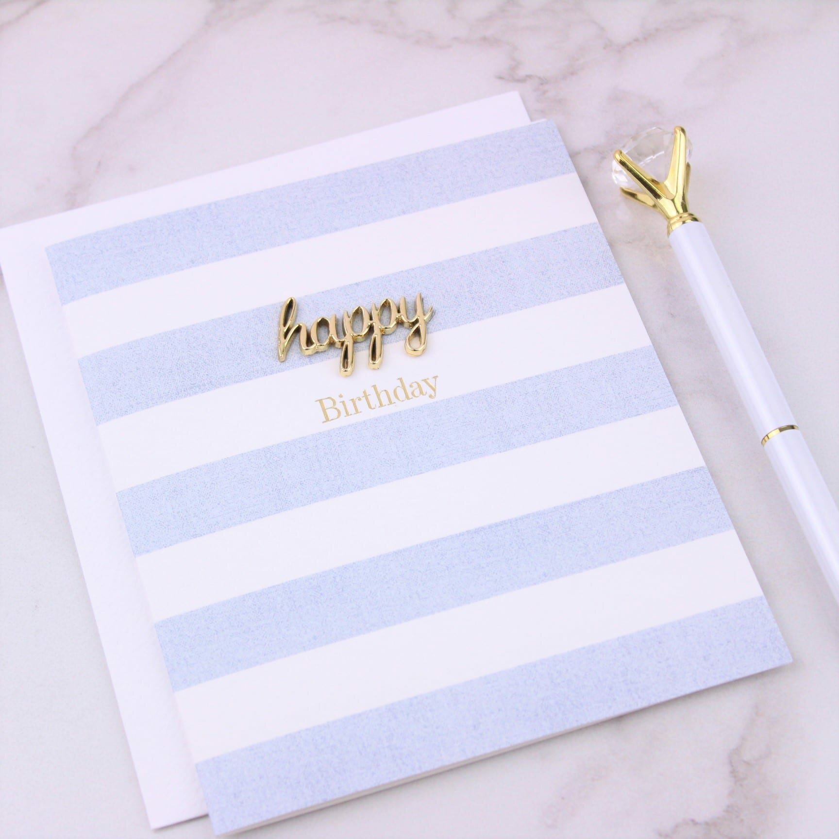 Blue & White Stripy Happy Birthday Card
