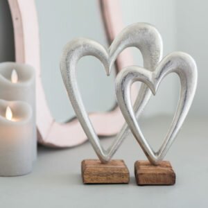 Set Of Two Metal Heart On Wooden Base