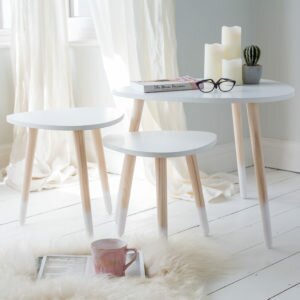 Set Of 3 White & Wooden Tables