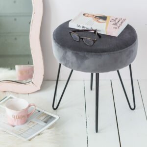 Grey Velvet Stool With Black Legs